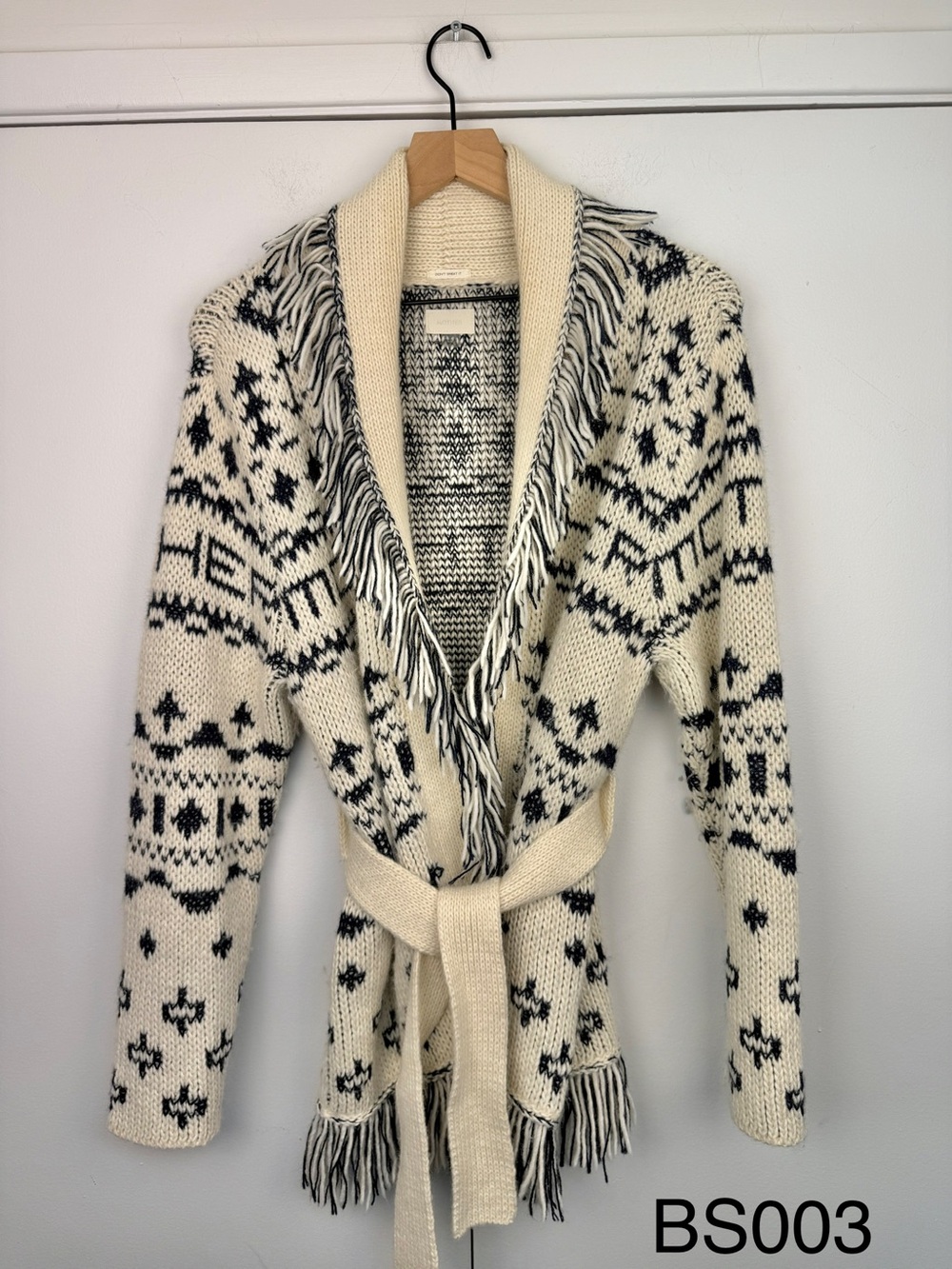 MOTHER The Belted Short Cardigan Fair Isle Fringe Ivory Navy S
